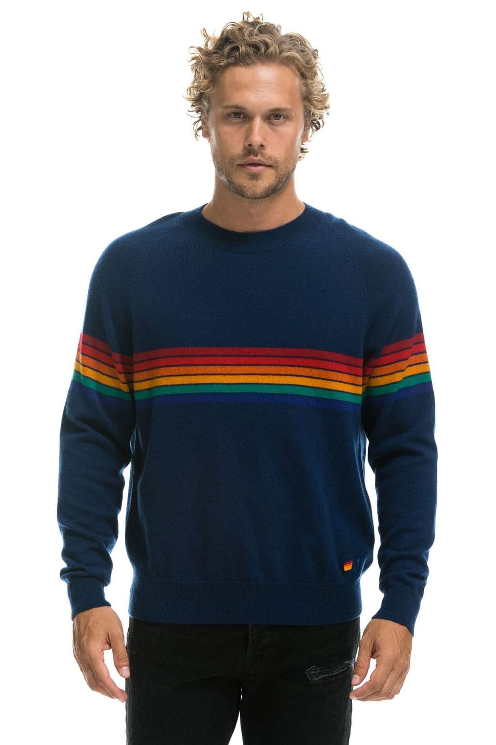 Classic RAINBOW STRIPE 6 UNISEX LIGHT CASHMERE SWEATER - MIDNIGHT