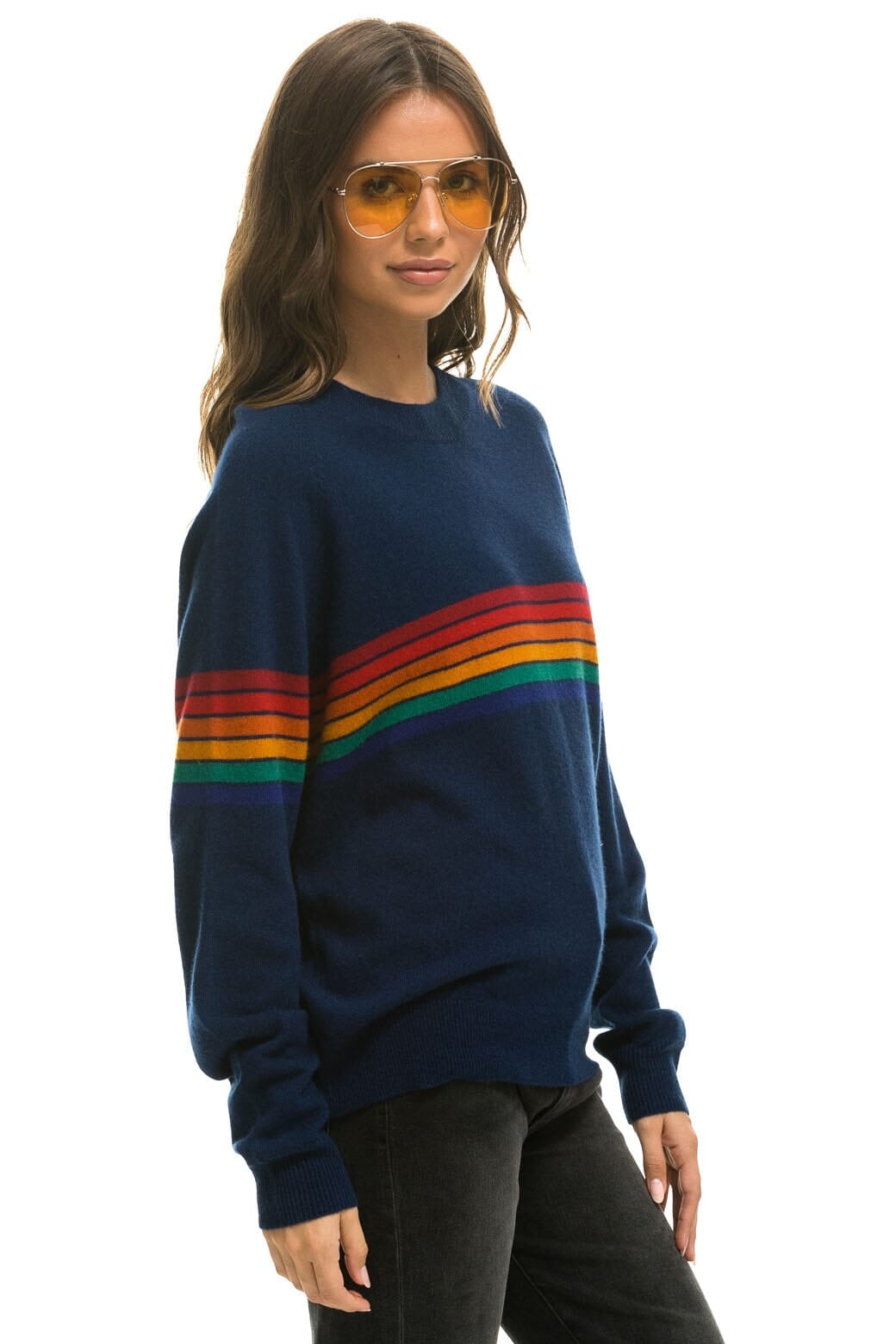 Classic RAINBOW STRIPE 6 UNISEX LIGHT CASHMERE SWEATER - MIDNIGHT