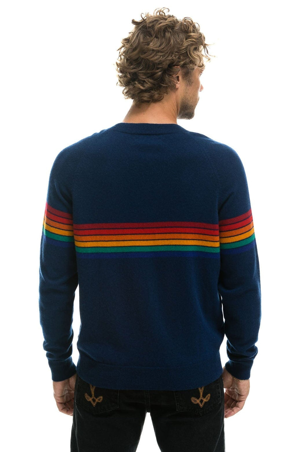 Classic RAINBOW STRIPE 6 UNISEX LIGHT CASHMERE SWEATER - MIDNIGHT