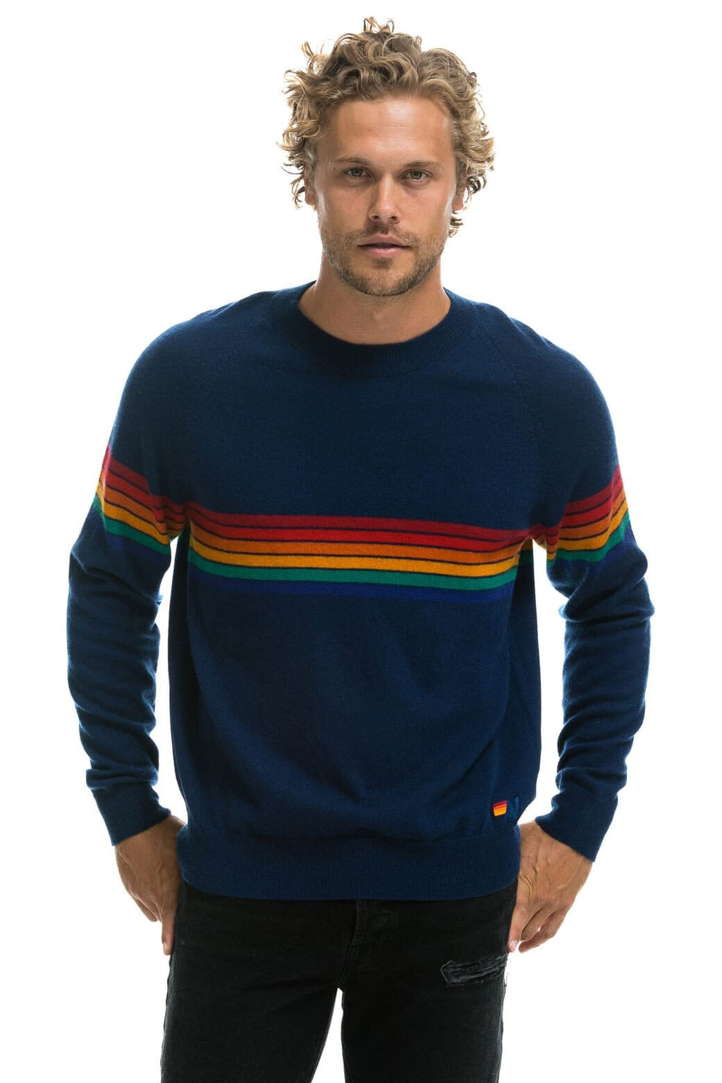 Classic RAINBOW STRIPE 6 UNISEX LIGHT CASHMERE SWEATER - MIDNIGHT