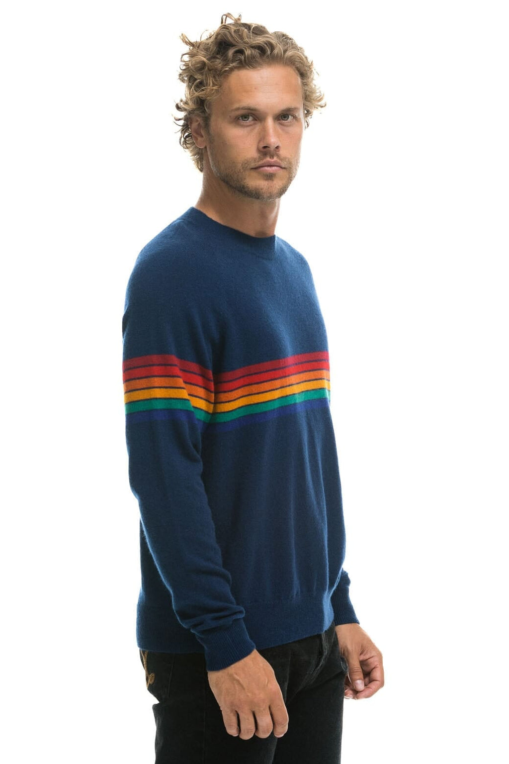 Classic RAINBOW STRIPE 6 UNISEX LIGHT CASHMERE SWEATER - MIDNIGHT