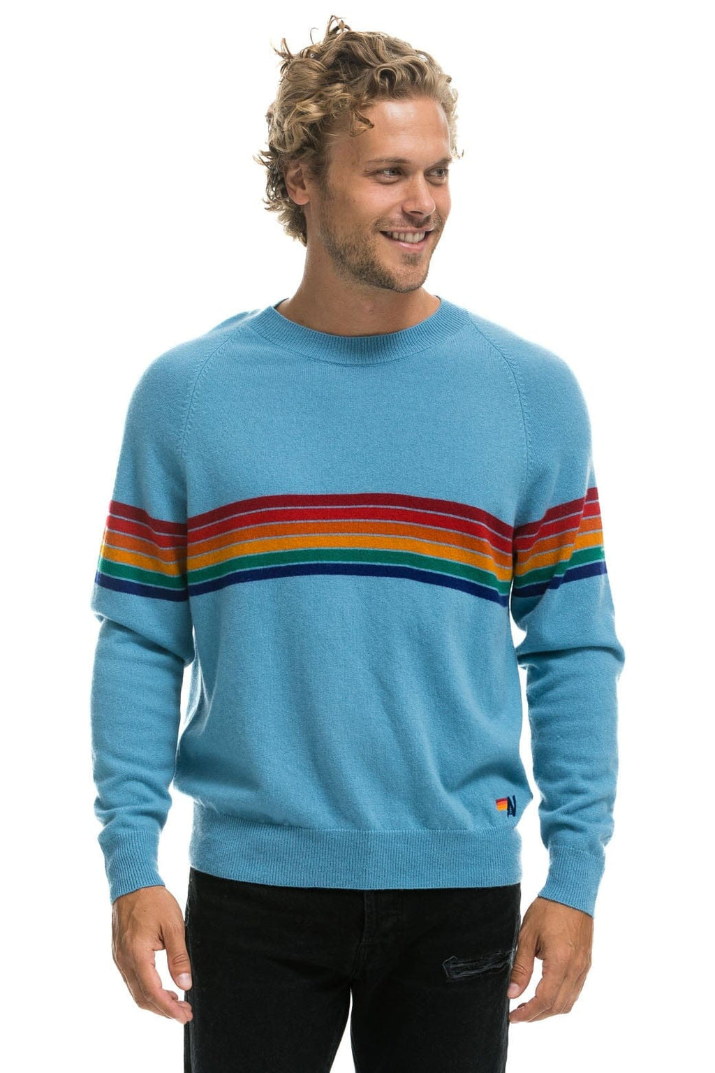 Classic RAINBOW STRIPE 6 UNISEX LIGHT CASHMERE SWEATER - OCEAN
