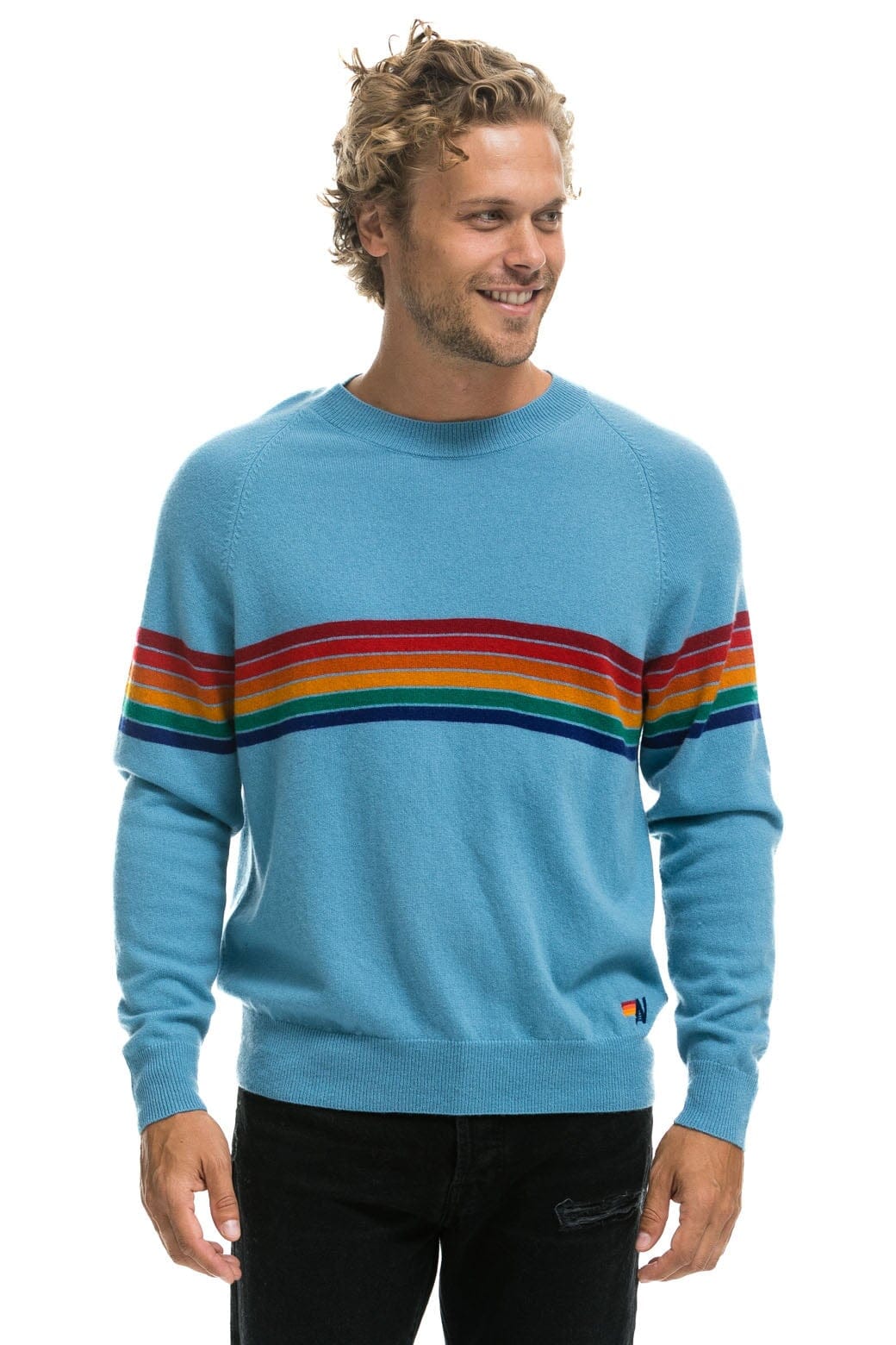 Classic RAINBOW STRIPE 6 UNISEX LIGHT CASHMERE SWEATER - OCEAN