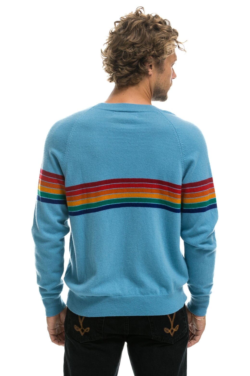 Classic RAINBOW STRIPE 6 UNISEX LIGHT CASHMERE SWEATER - OCEAN