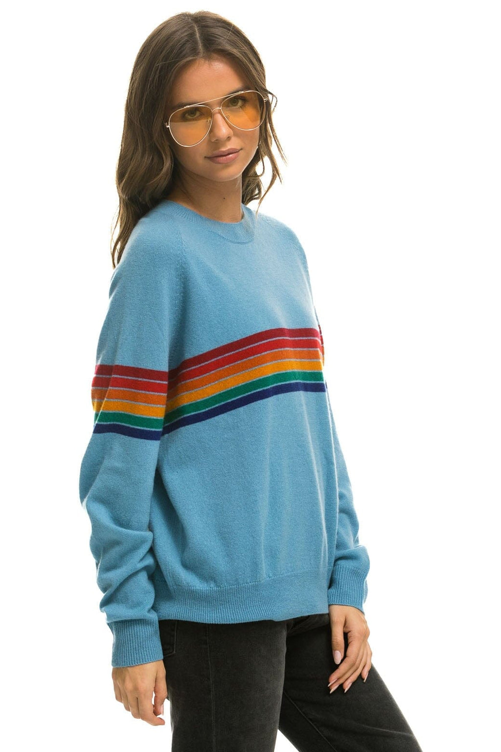 Classic RAINBOW STRIPE 6 UNISEX LIGHT CASHMERE SWEATER - OCEAN