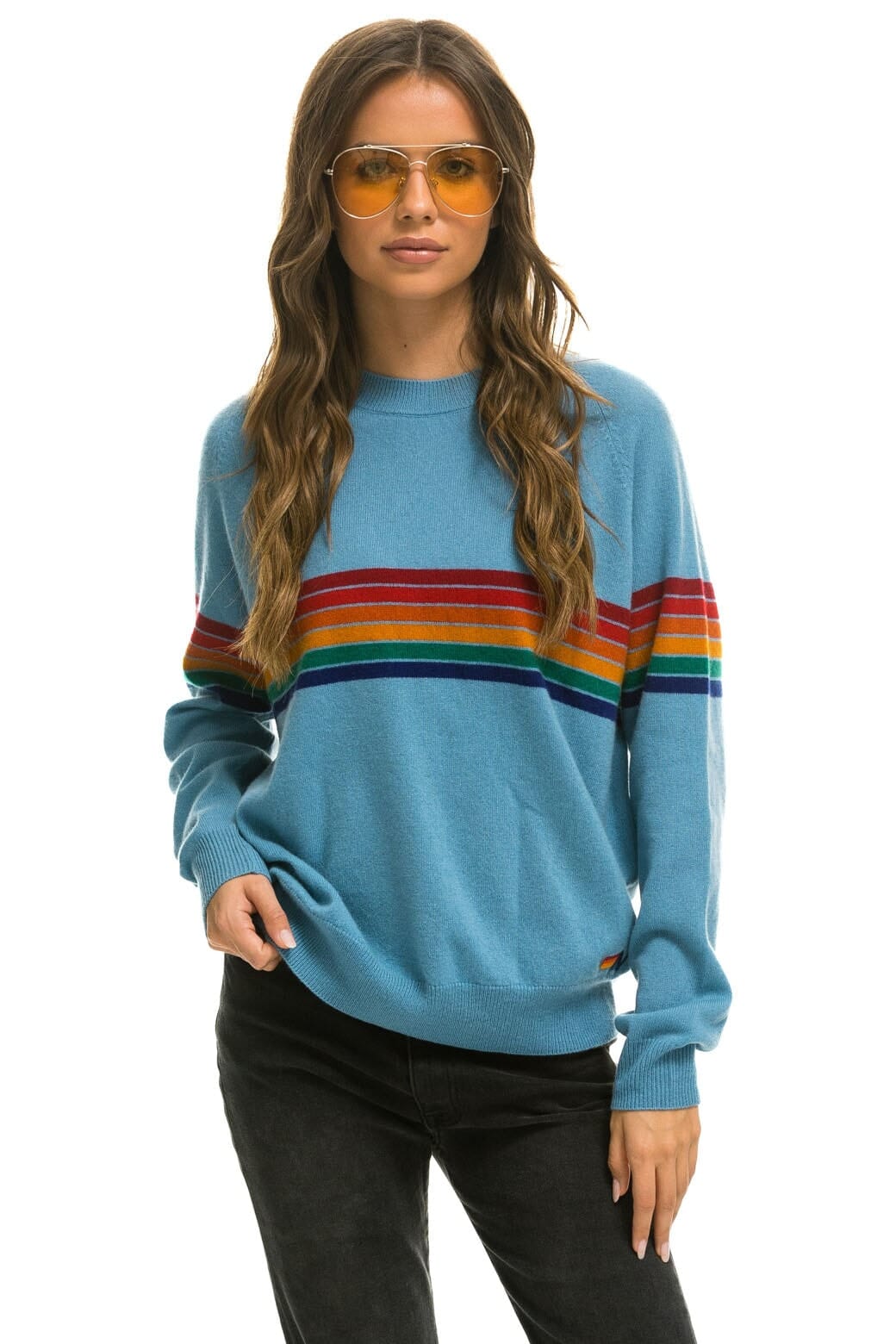 Classic RAINBOW STRIPE 6 UNISEX LIGHT CASHMERE SWEATER - OCEAN