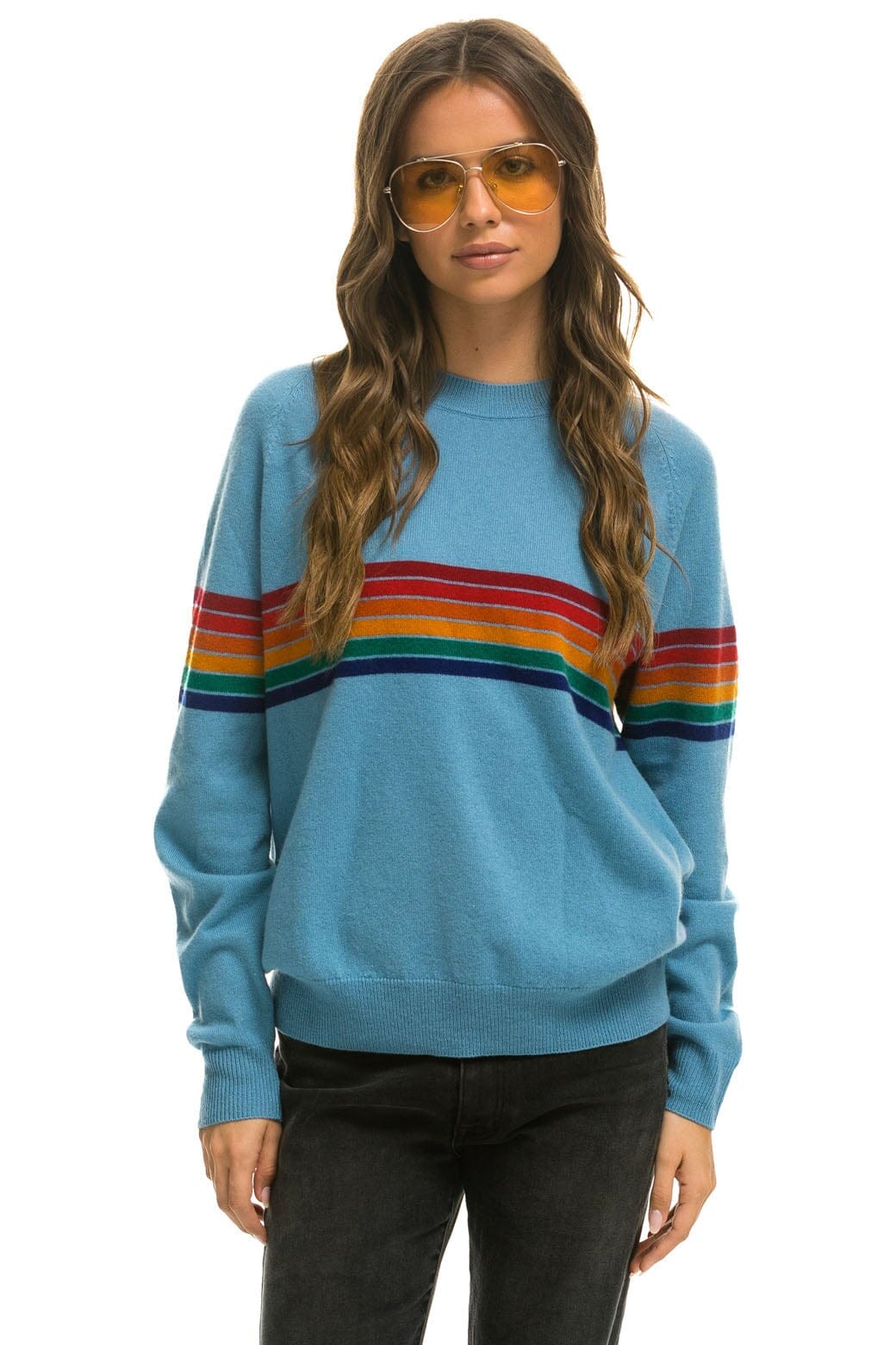 Classic RAINBOW STRIPE 6 UNISEX LIGHT CASHMERE SWEATER - OCEAN