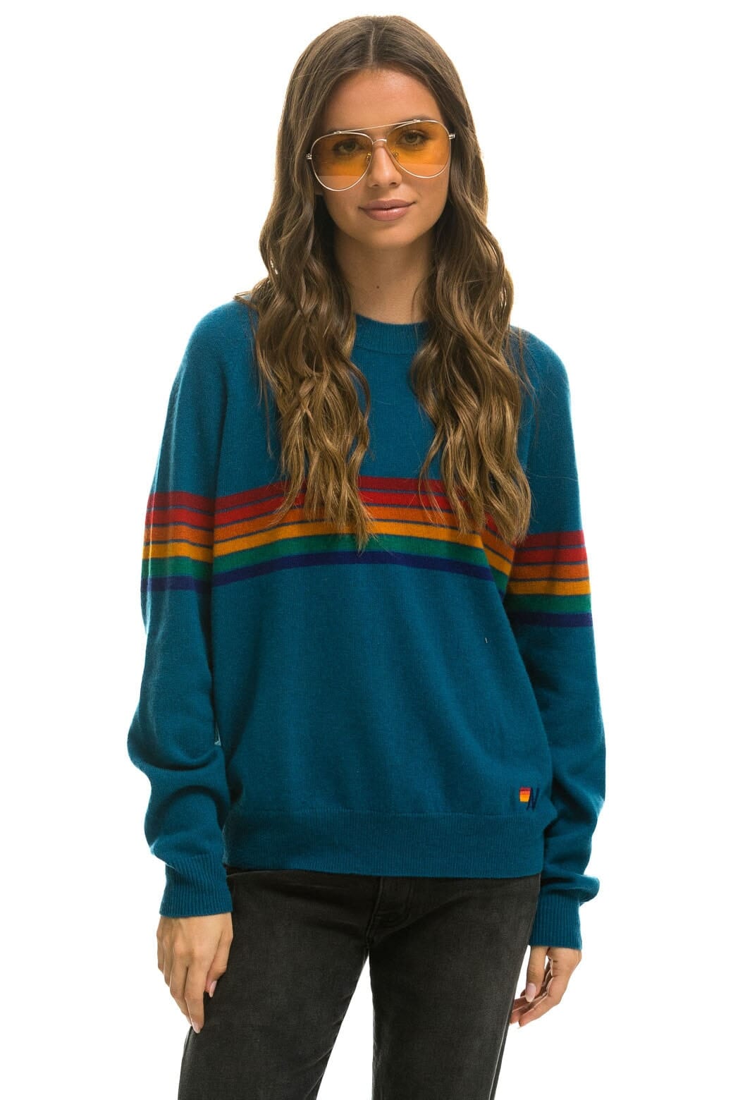 Classic RAINBOW STRIPE 6 UNISEX LIGHT CASHMERE SWEATER - PEACOCK