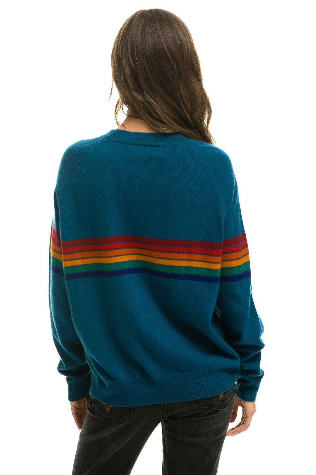 Classic RAINBOW STRIPE 6 UNISEX LIGHT CASHMERE SWEATER - PEACOCK