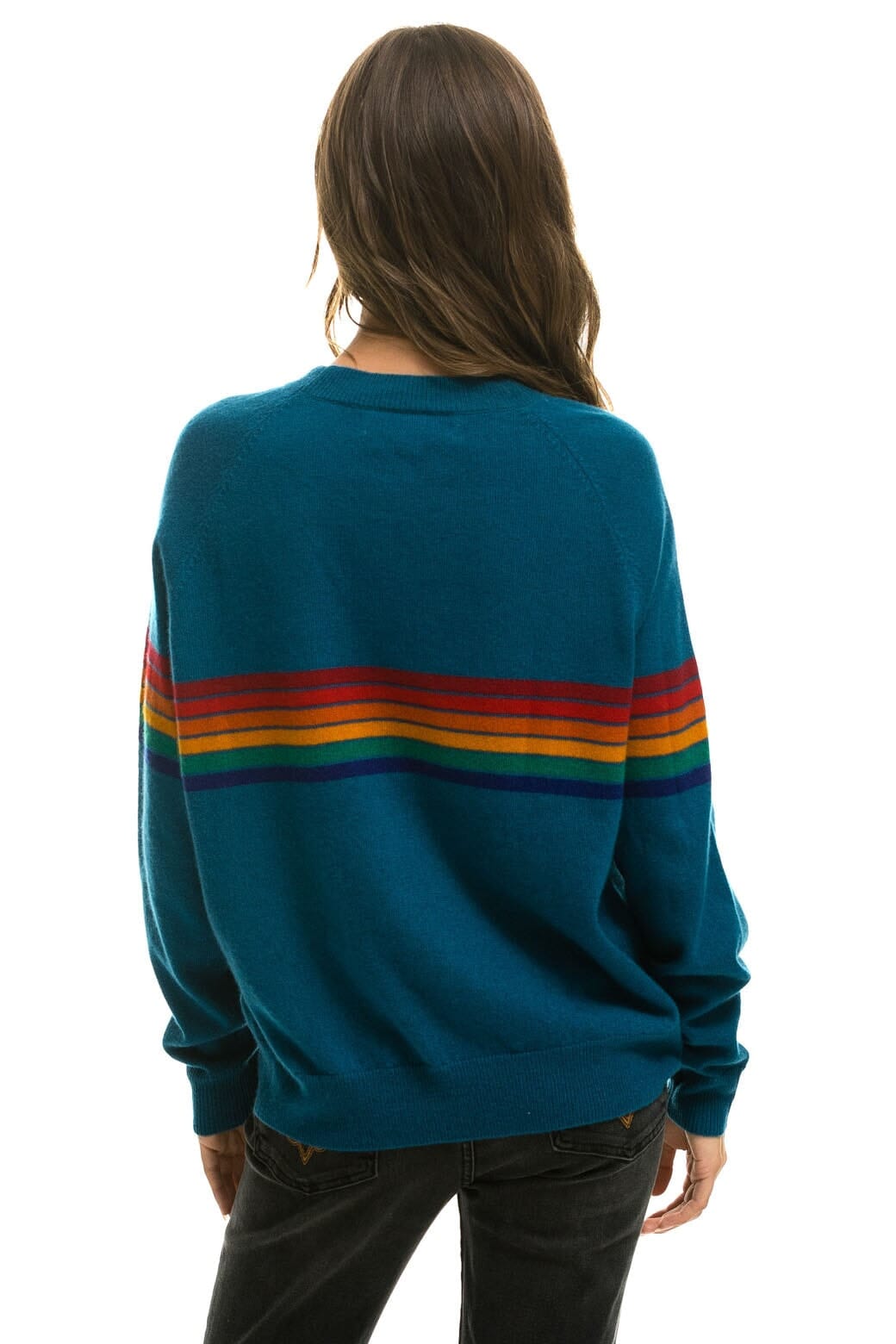 Classic RAINBOW STRIPE 6 UNISEX LIGHT CASHMERE SWEATER - PEACOCK
