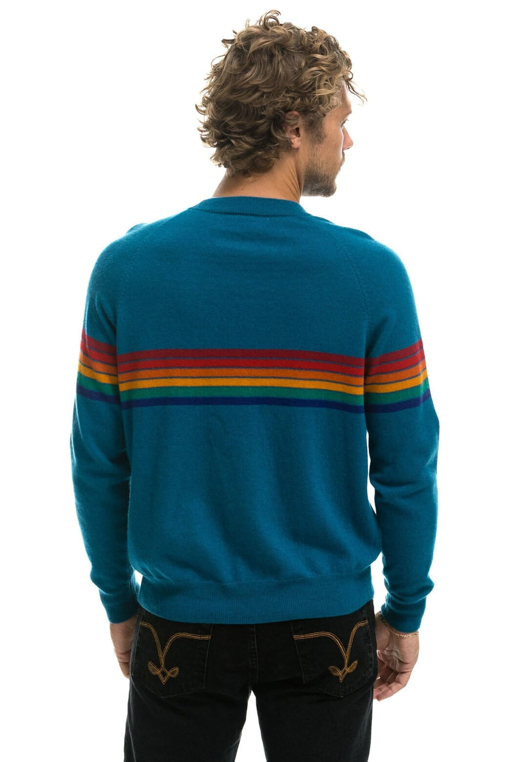 Classic RAINBOW STRIPE 6 UNISEX LIGHT CASHMERE SWEATER - PEACOCK