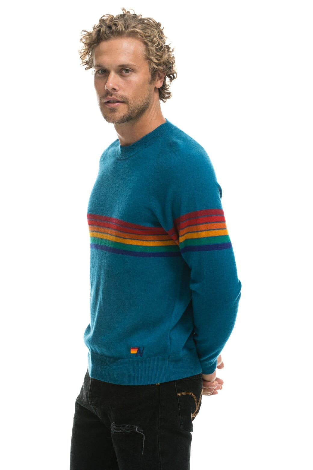 Classic RAINBOW STRIPE 6 UNISEX LIGHT CASHMERE SWEATER - PEACOCK