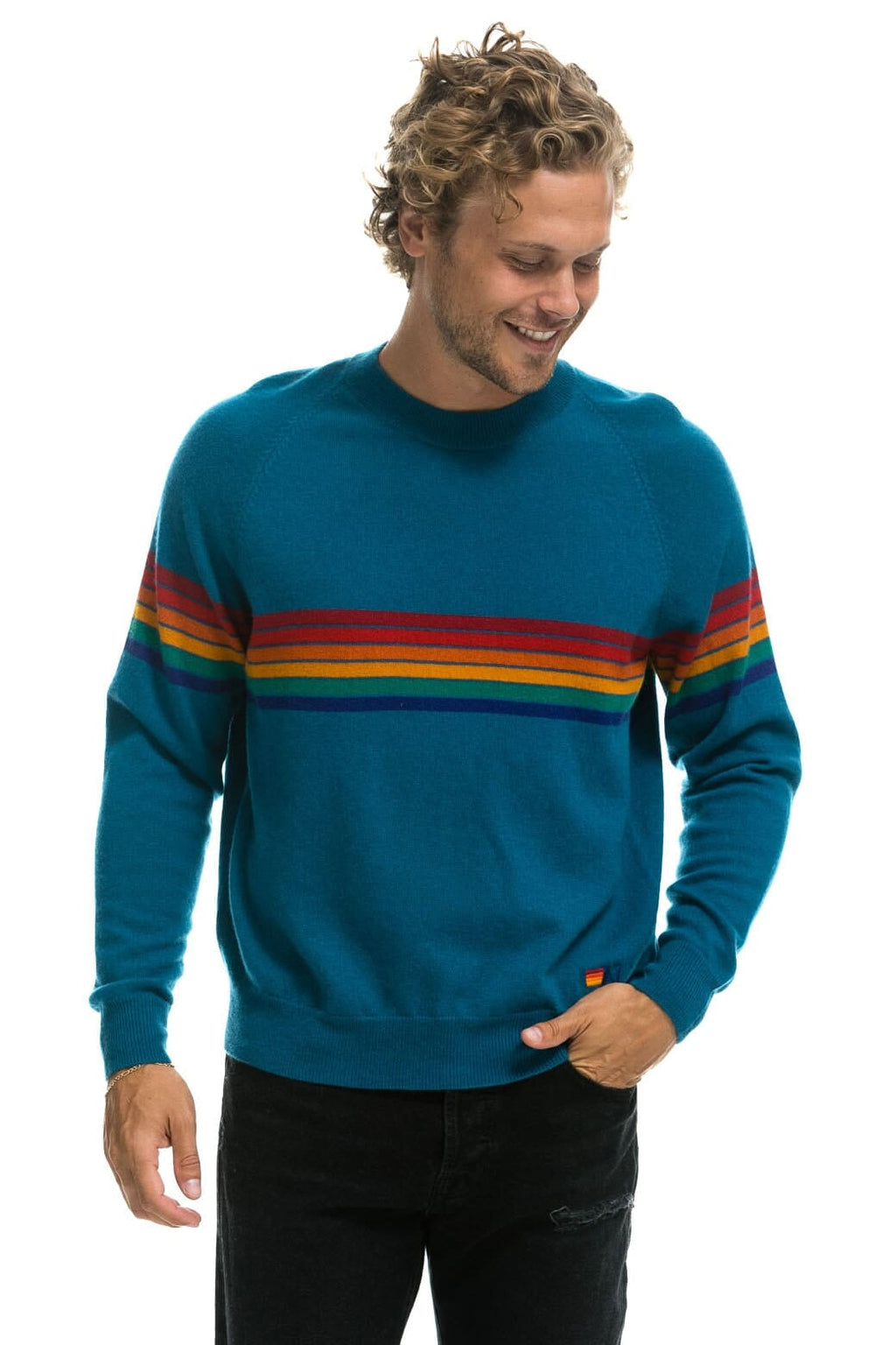 Classic RAINBOW STRIPE 6 UNISEX LIGHT CASHMERE SWEATER - PEACOCK
