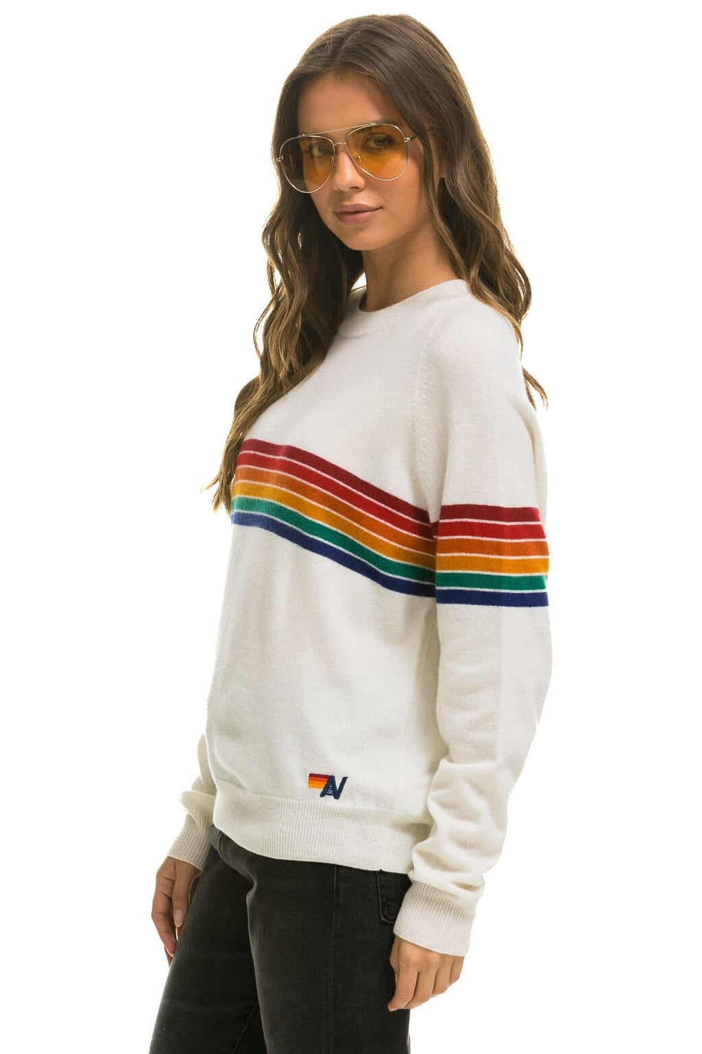 Classic RAINBOW STRIPE 6 UNISEX LIGHT CASHMERE SWEATER - SNOW