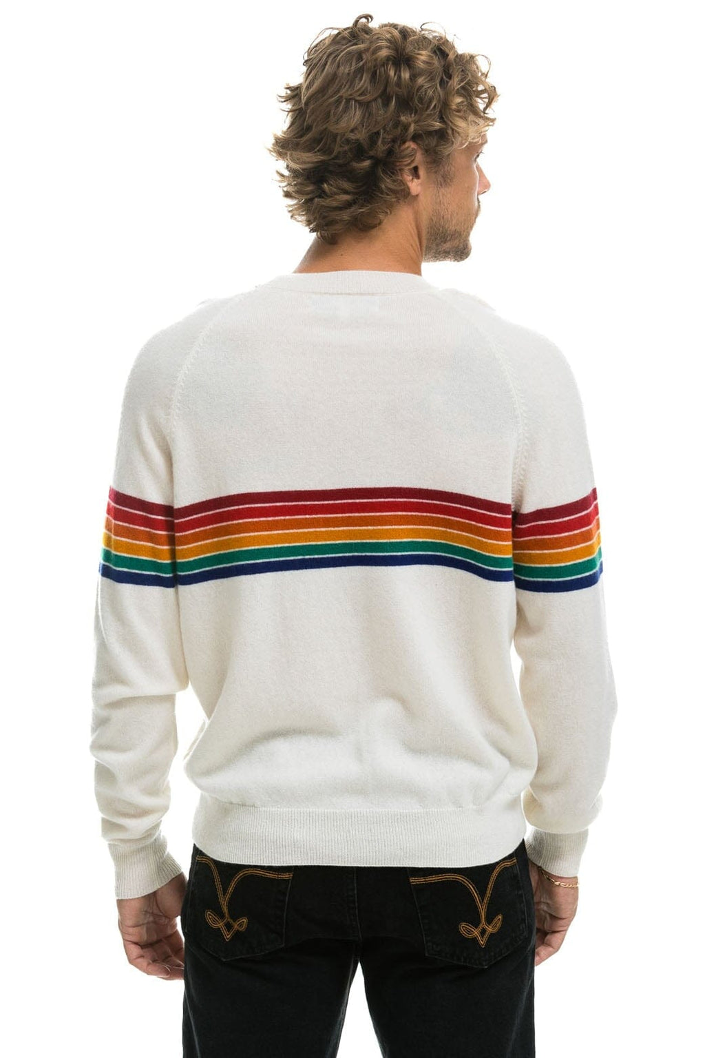 Classic RAINBOW STRIPE 6 UNISEX LIGHT CASHMERE SWEATER - SNOW
