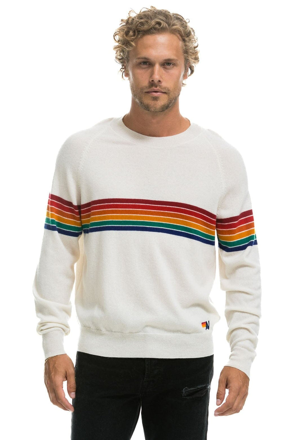 Classic RAINBOW STRIPE 6 UNISEX LIGHT CASHMERE SWEATER - SNOW