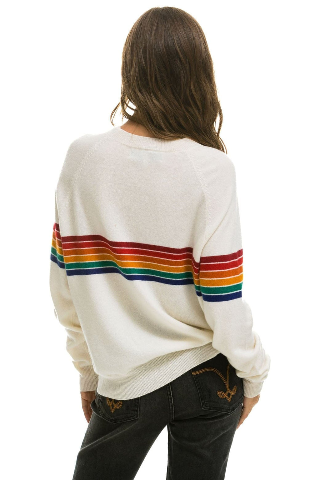 Classic RAINBOW STRIPE 6 UNISEX LIGHT CASHMERE SWEATER - SNOW