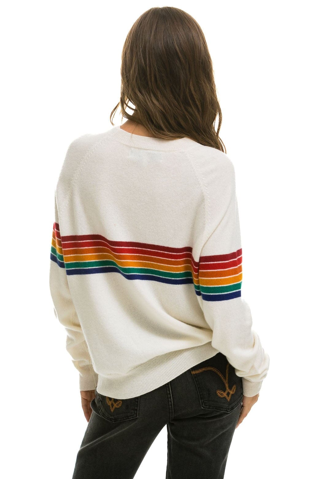 Classic RAINBOW STRIPE 6 UNISEX LIGHT CASHMERE SWEATER - SNOW