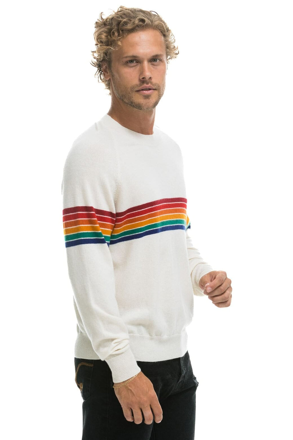 Classic RAINBOW STRIPE 6 UNISEX LIGHT CASHMERE SWEATER - SNOW