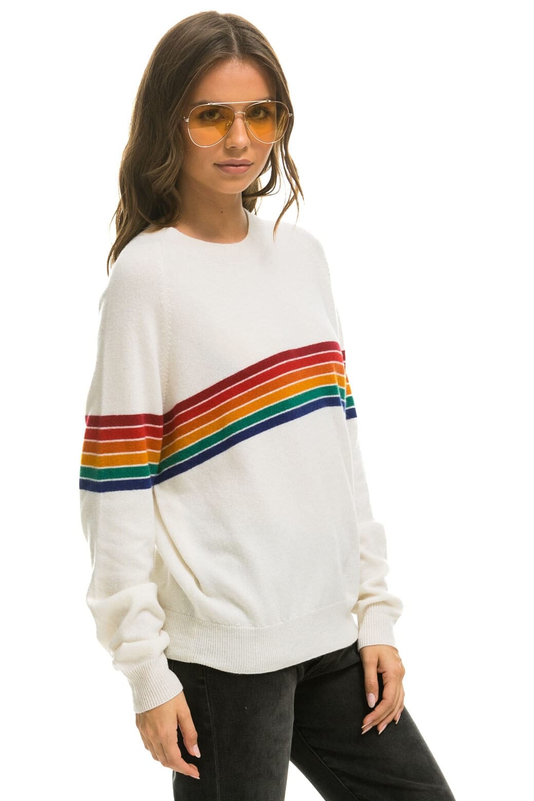 Classic RAINBOW STRIPE 6 UNISEX LIGHT CASHMERE SWEATER - SNOW
