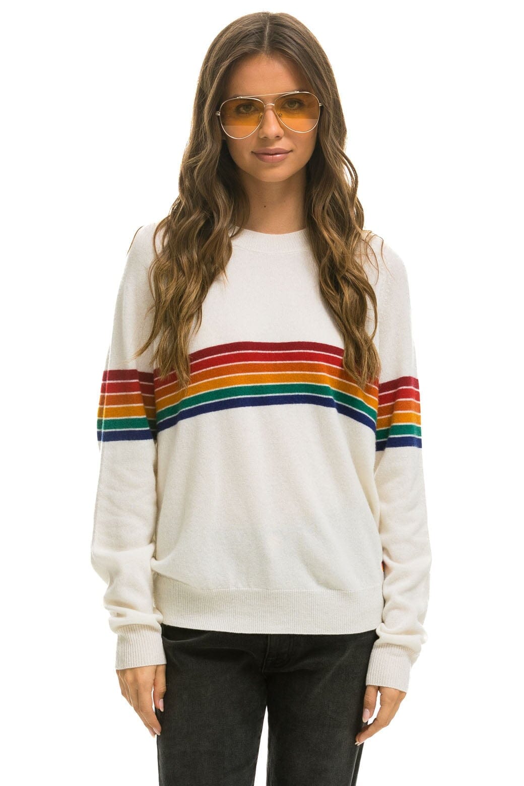 Classic RAINBOW STRIPE 6 UNISEX LIGHT CASHMERE SWEATER - SNOW