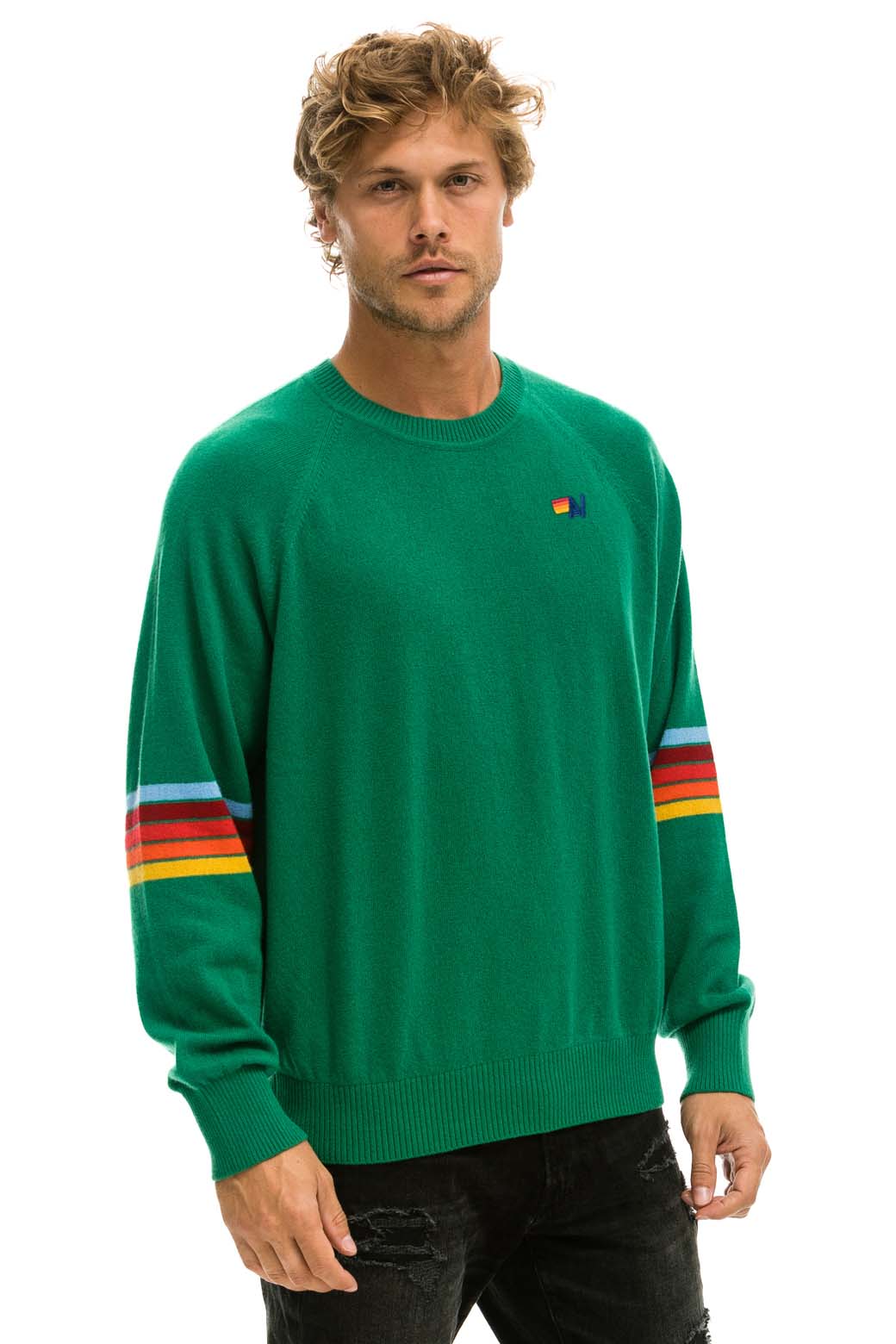 Classic RAINBOW STRIPE SLEEVE UNISEX CASHMERE LIGHT SWEATER - AMAZON