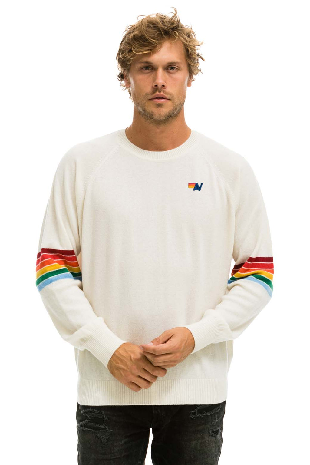 Classic RAINBOW STRIPE SLEEVE UNISEX CASHMERE LIGHT SWEATER - VINTAGE WHITE