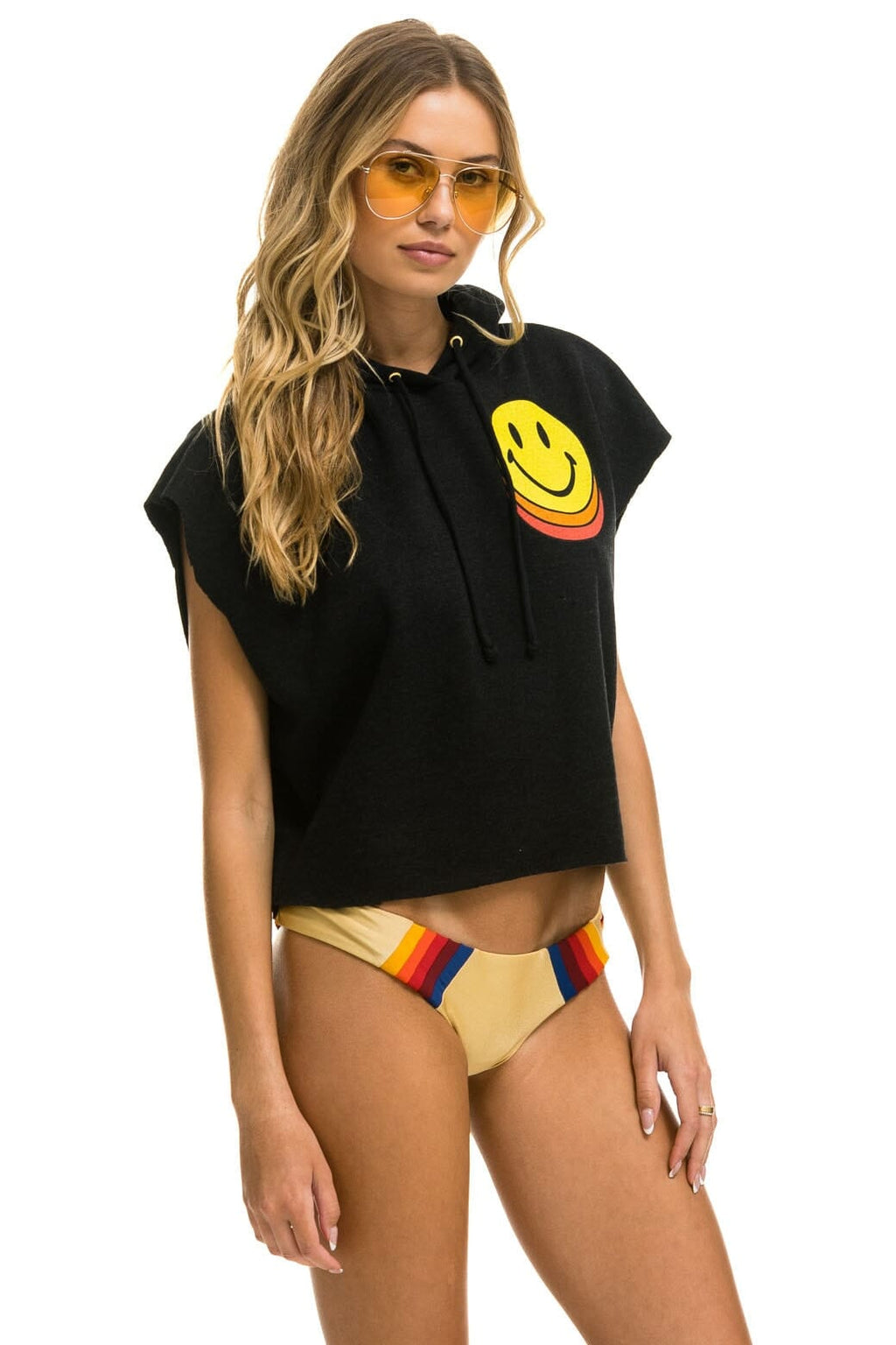 Classic SMILEY SUNSET SLEEVELESS RELAXED CROPPED PULLOVER HOODIE - BLACK
