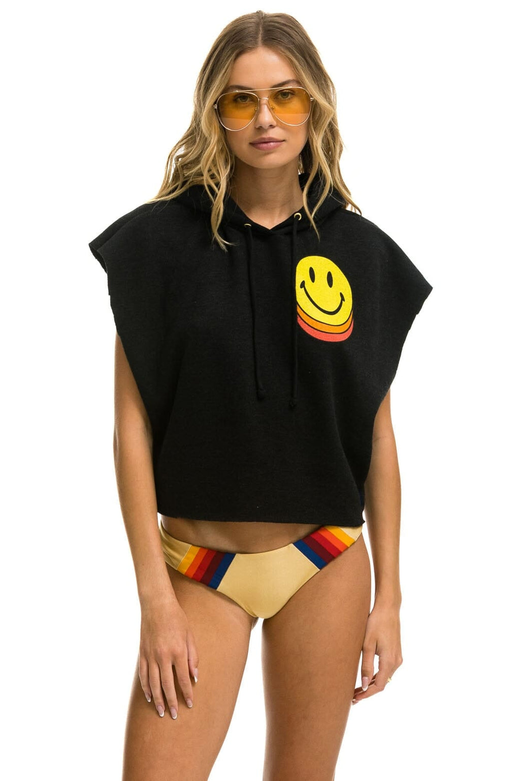 Classic SMILEY SUNSET SLEEVELESS RELAXED CROPPED PULLOVER HOODIE - BLACK