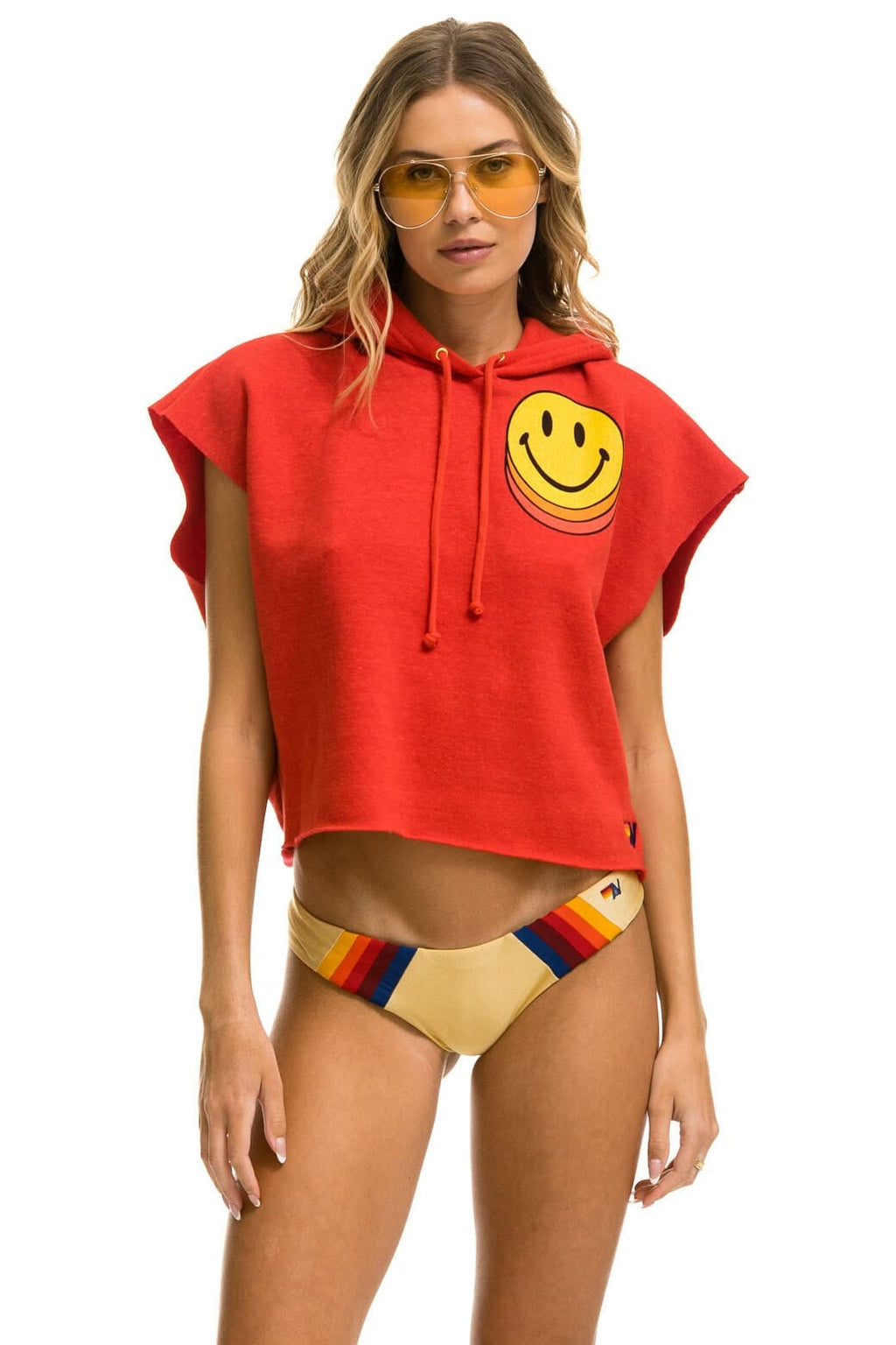 Classic SMILEY SUNSET SLEEVELESS RELAXED CROPPED PULLOVER HOODIE - RED