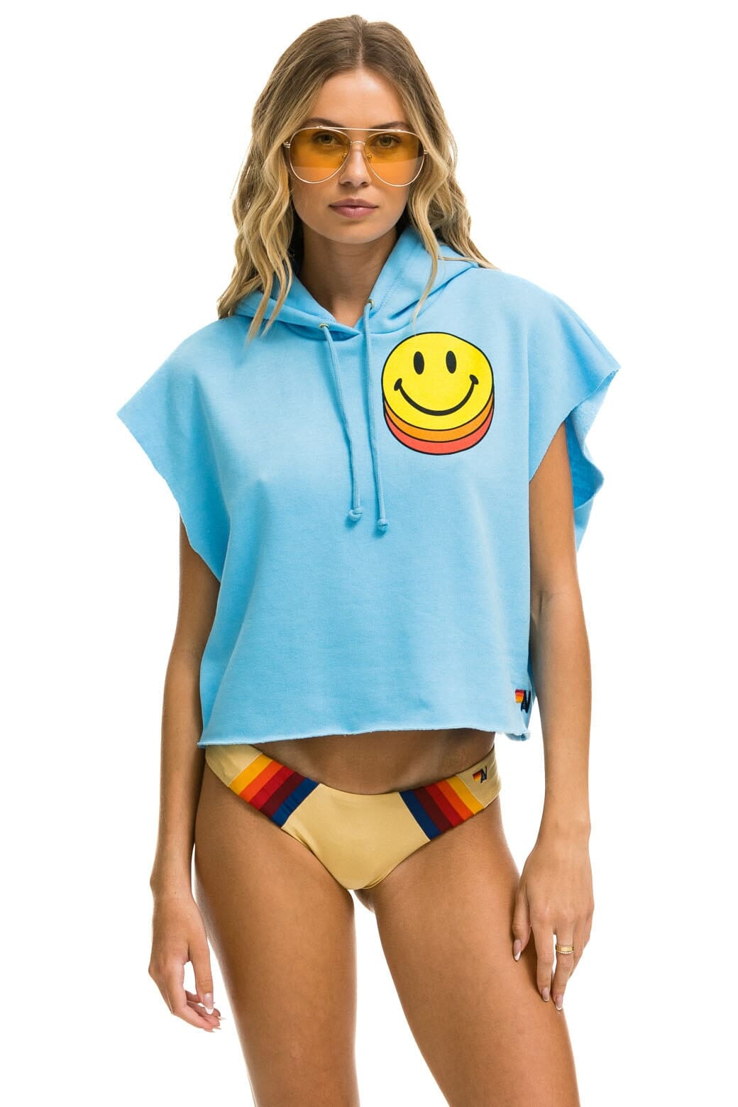 Classic SMILEY SUNSET SLEEVELESS RELAXED CROPPED PULLOVER HOODIE - SKY