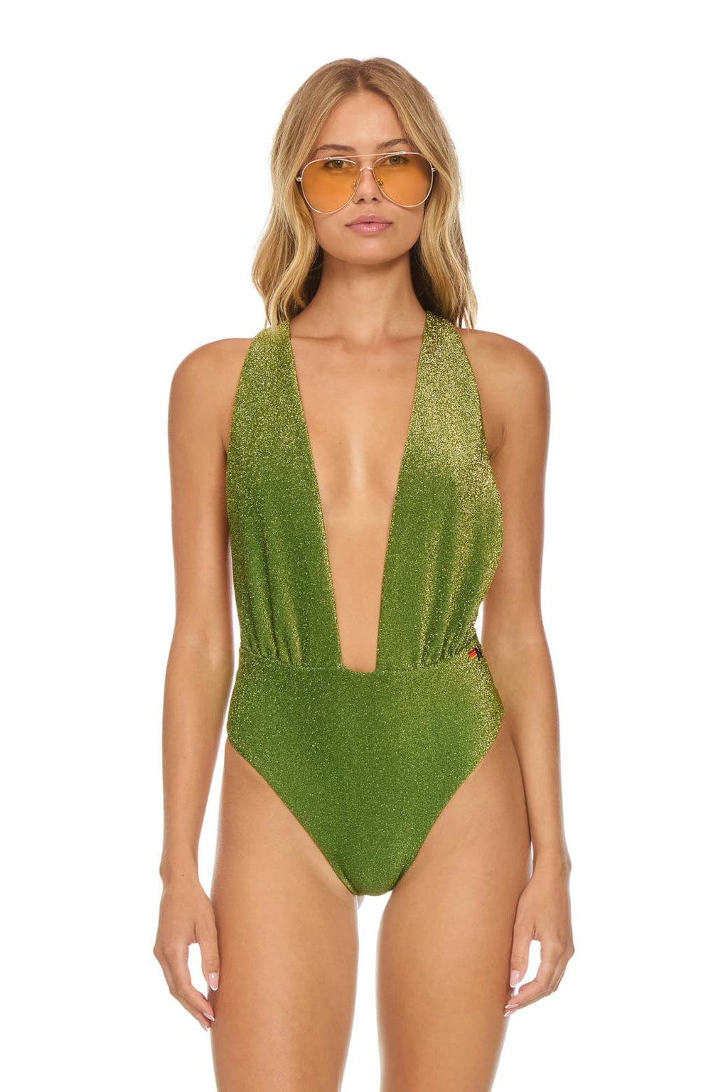 Classic SPARKLE COMO DEEP PLUNGE CROSS BACK WOMENS ONE PIECE - ARMY
