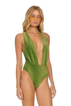 Classic SPARKLE COMO DEEP PLUNGE CROSS BACK WOMENS ONE PIECE - ARMY