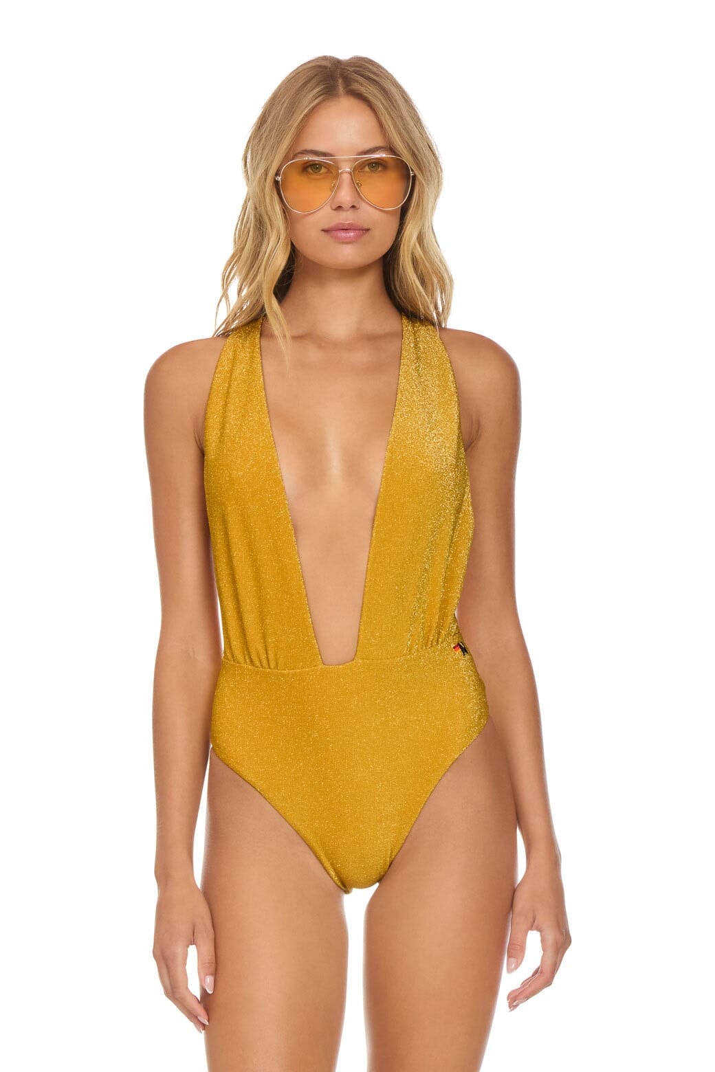 Classic SPARKLE COMO DEEP PLUNGE CROSS BACK WOMENS ONE PIECE - GOLD