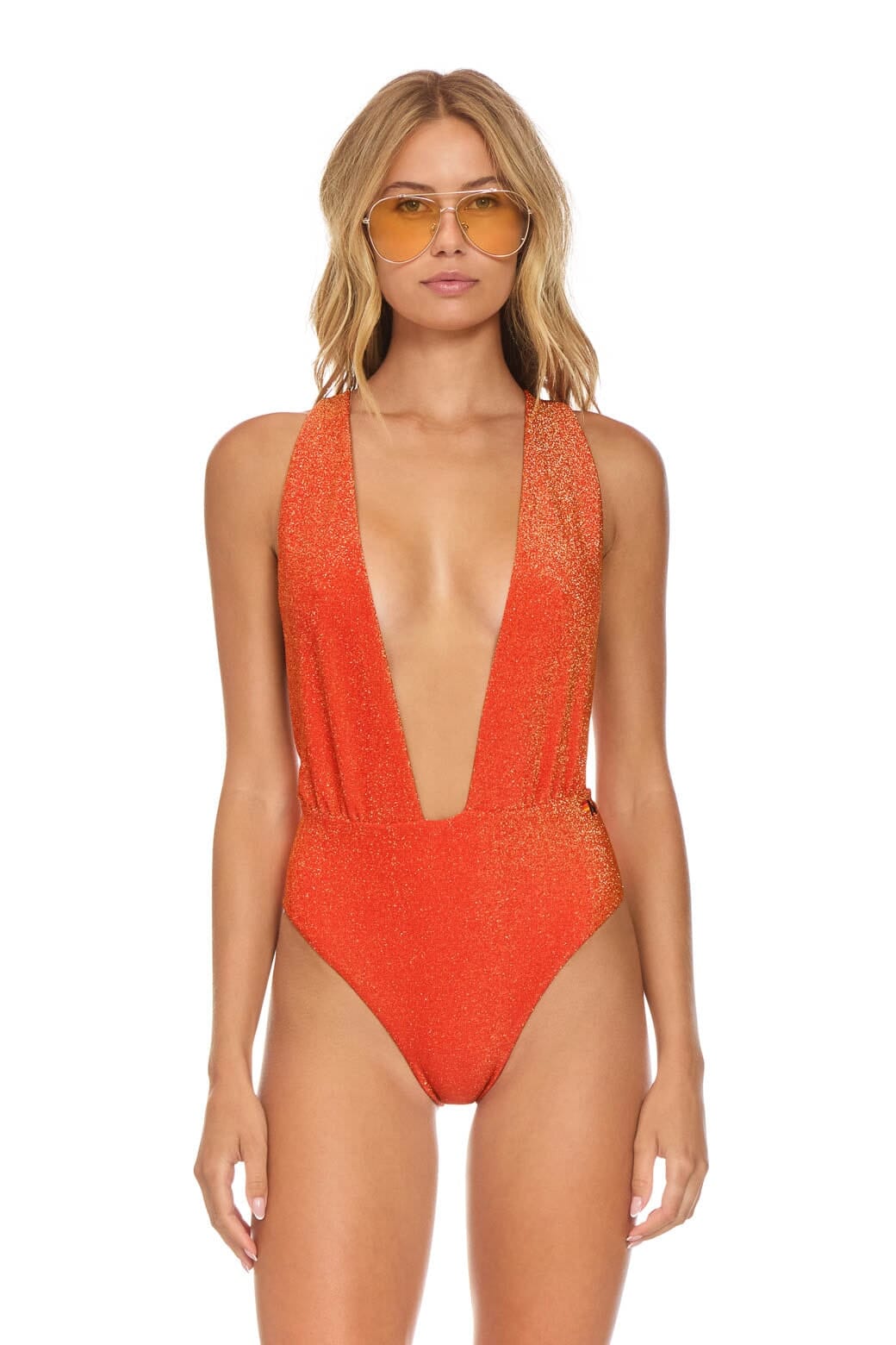 Classic SPARKLE COMO DEEP PLUNGE CROSS BACK WOMENS ONE PIECE - HOT CORAL