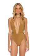 Classic SPARKLE COMO DEEP PLUNGE CROSS BACK WOMENS ONE PIECE - MOCHA