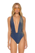 Classic SPARKLE COMO DEEP PLUNGE CROSS BACK WOMENS ONE PIECE - NAVY