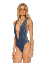 Classic SPARKLE COMO DEEP PLUNGE CROSS BACK WOMENS ONE PIECE - NAVY