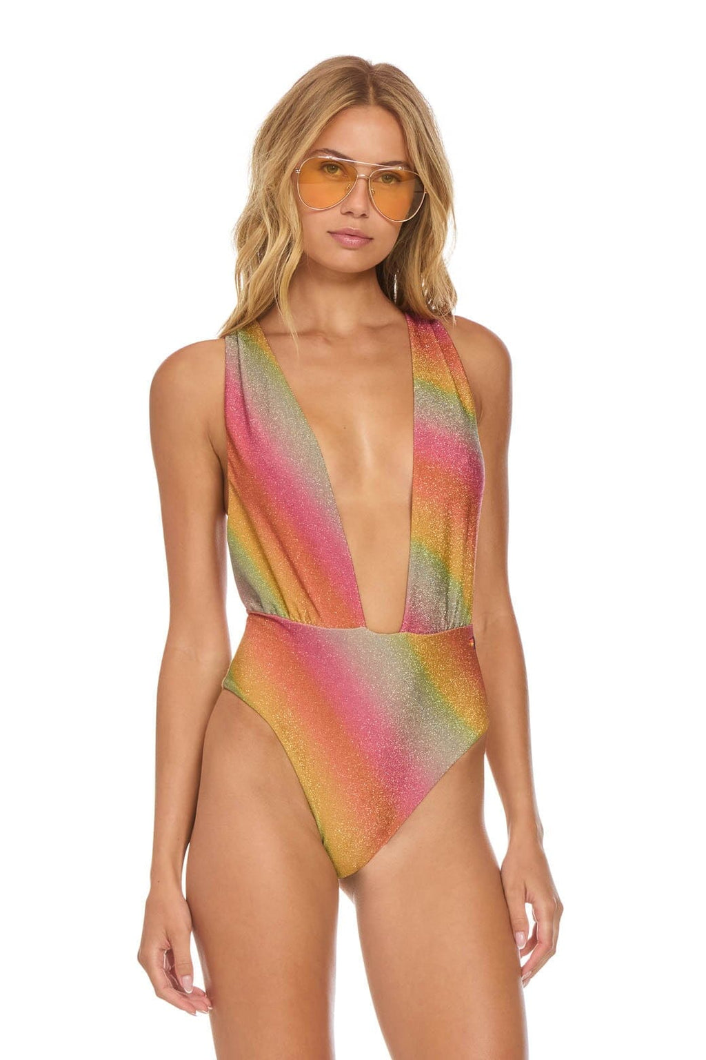 Classic SPARKLE COMO DEEP PLUNGE CROSS BACK WOMENS ONE PIECE - RAINBOW