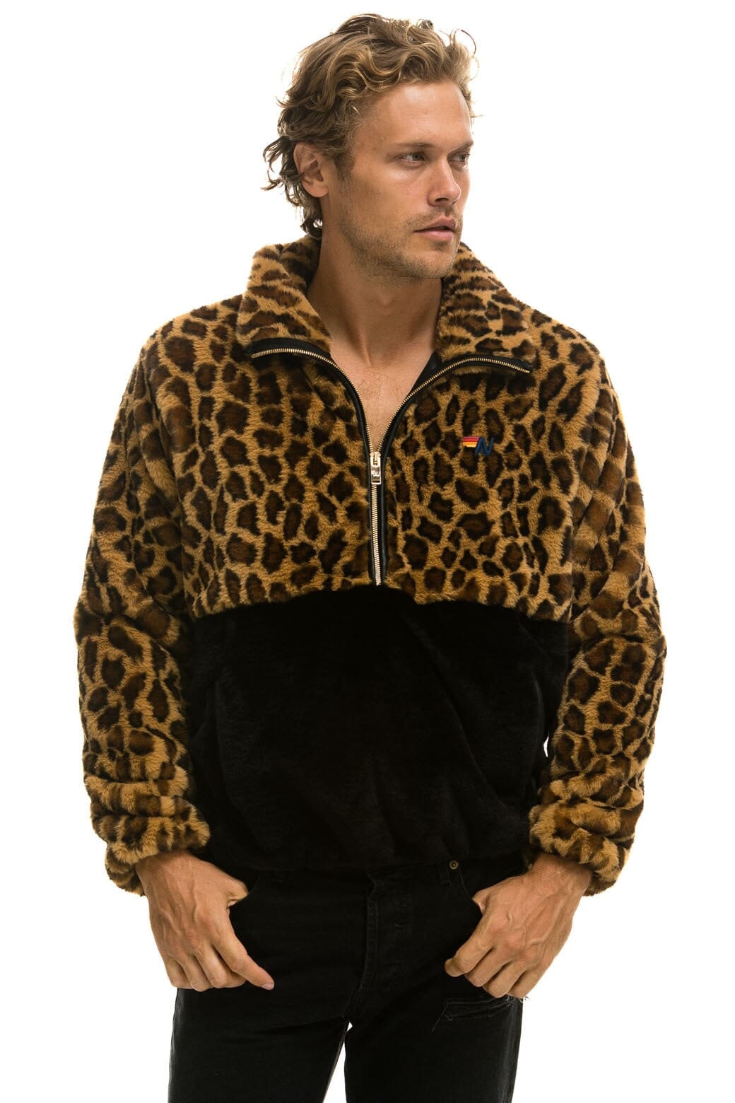 Classic TEDDY UNISEX HALF ZIP COLOR BLOCK JACKET - CHEETAH