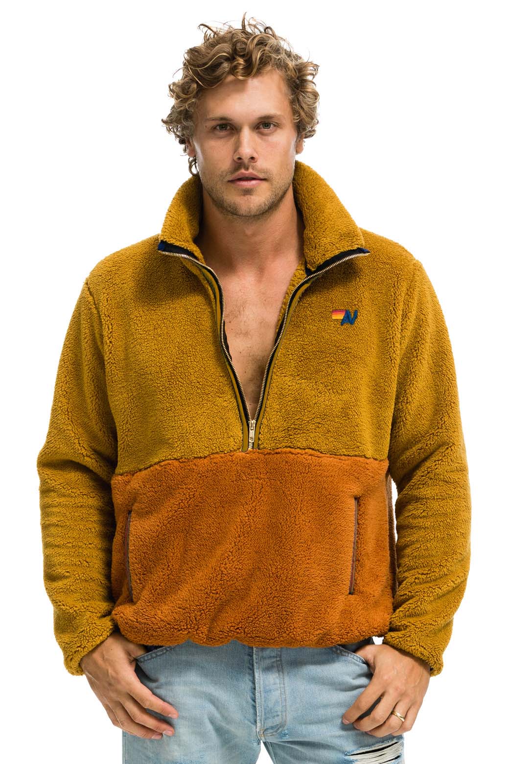 Classic TEDDY UNISEX HALF ZIP COLOR BLOCK JACKET - HONEY
