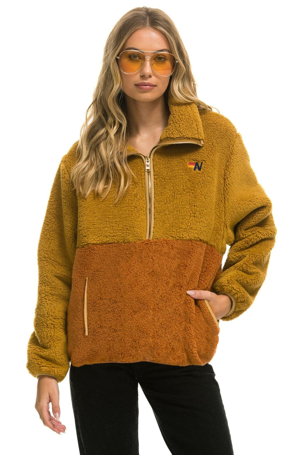 Classic TEDDY UNISEX HALF ZIP COLOR BLOCK JACKET - HONEY