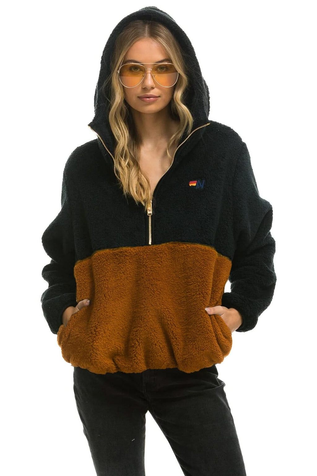 Classic TEDDY UNISEX HOODED HALF ZIP COLOR BLOCK JACKET - BLACK