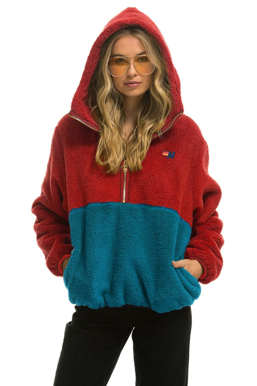 Classic TEDDY UNISEX HOODED HALF ZIP COLOR BLOCK JACKET - CHERRY