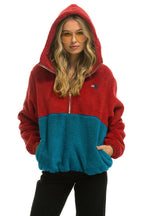 Classic TEDDY UNISEX HOODED HALF ZIP COLOR BLOCK JACKET - CHERRY