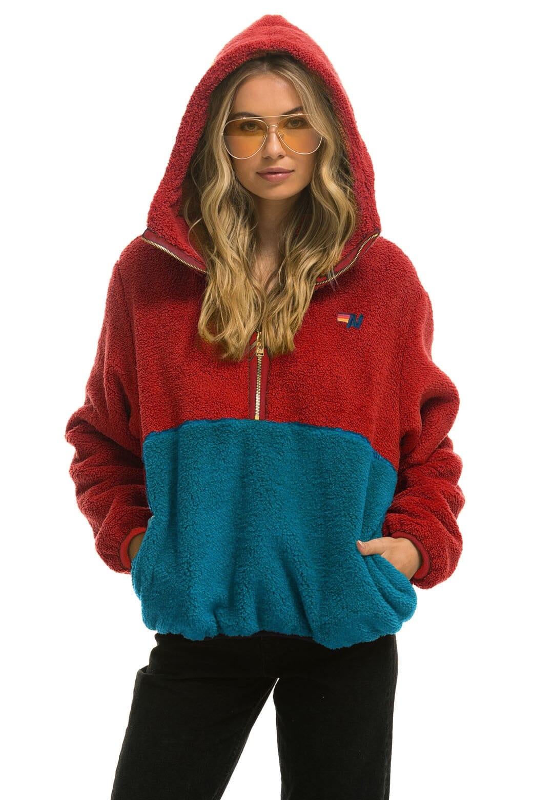 Classic TEDDY UNISEX HOODED HALF ZIP COLOR BLOCK JACKET - CHERRY