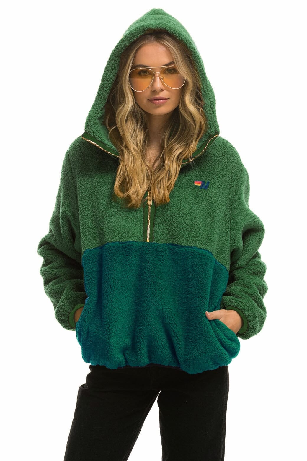 Classic TEDDY UNISEX HOODED HALF ZIP COLOR BLOCK JACKET - GARDEN GREEN