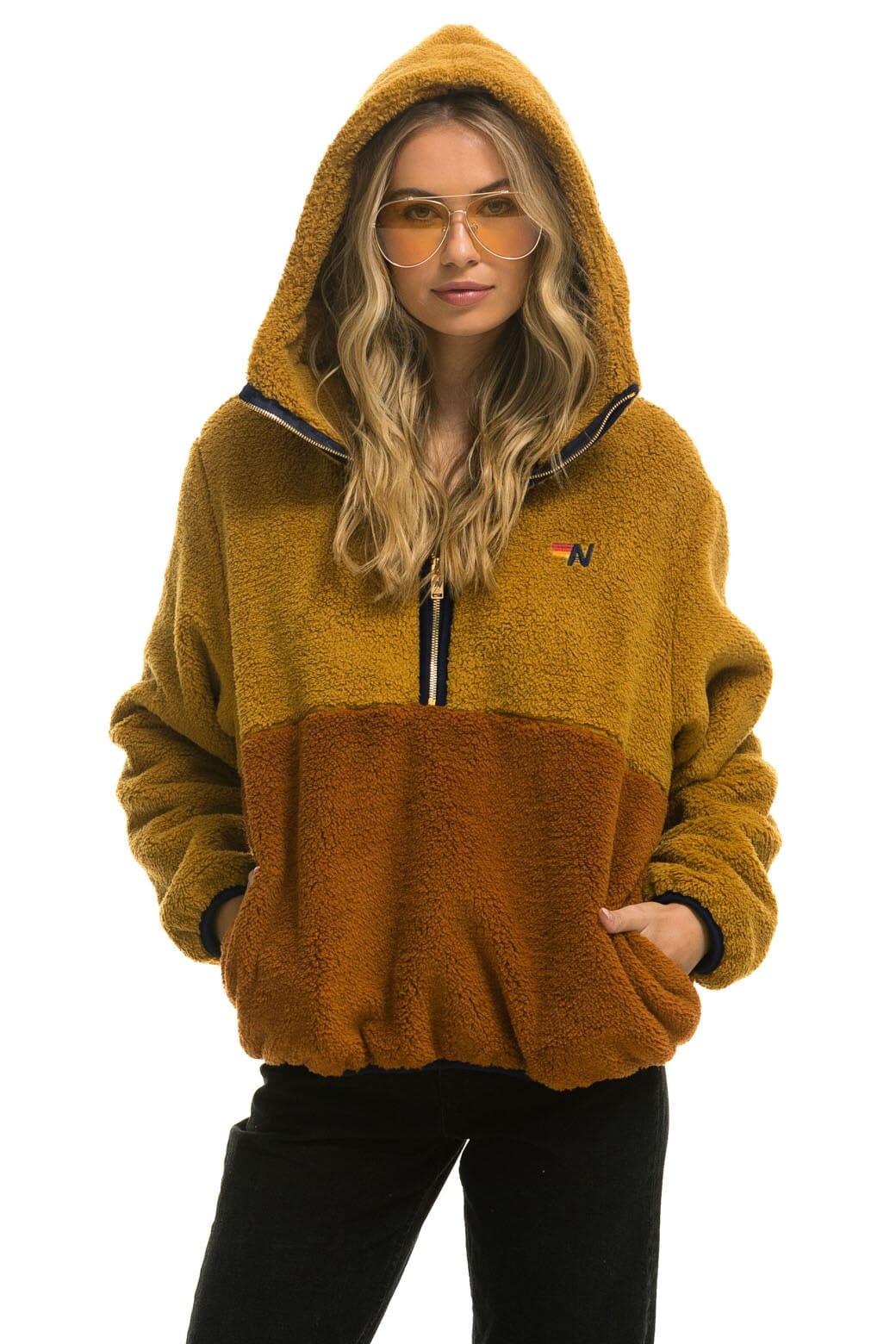 Classic TEDDY APRES HOODED HALF ZIP COLOR BLOCK JACKET - HONEY
