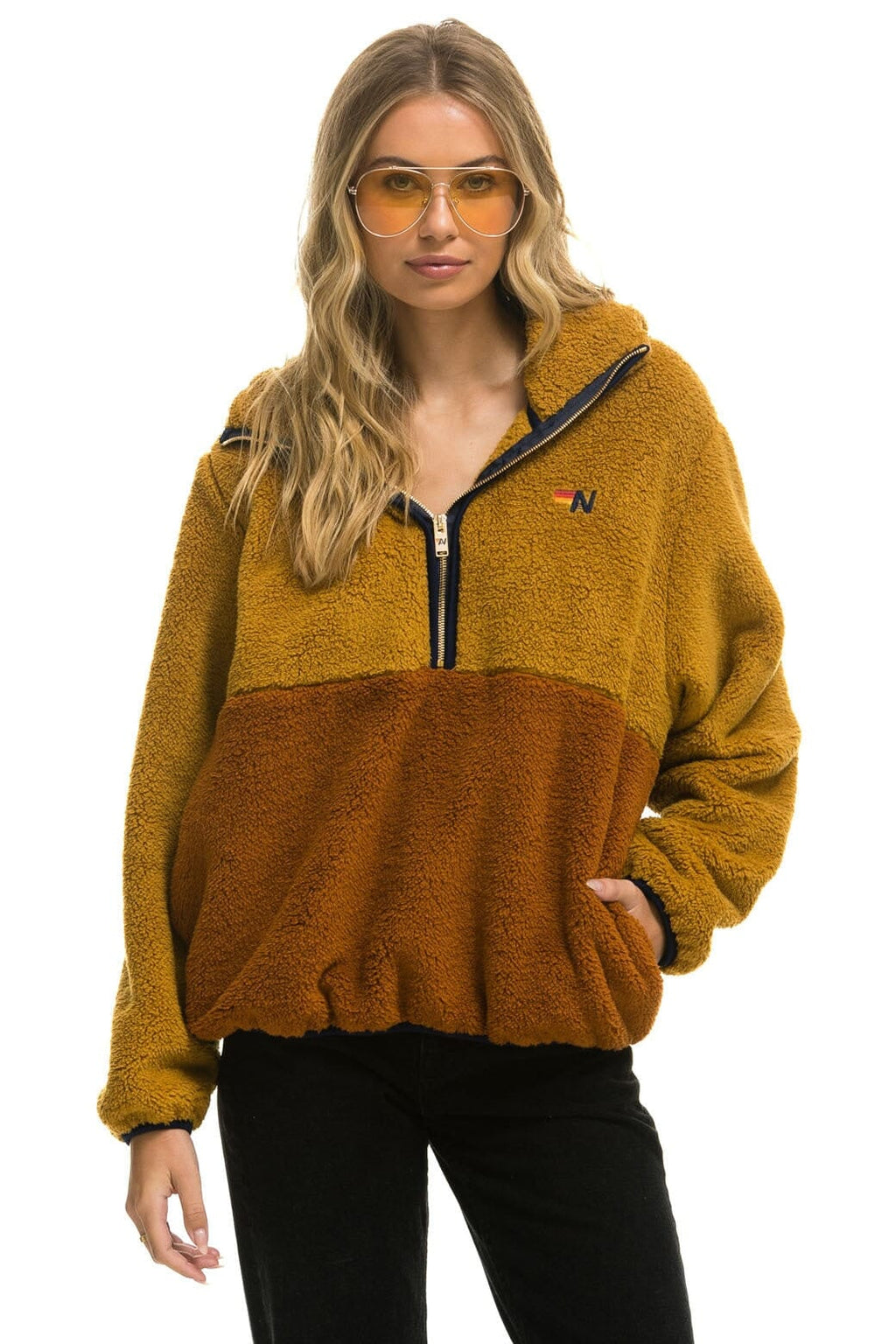 Classic TEDDY APRES HOODED HALF ZIP COLOR BLOCK JACKET - HONEY