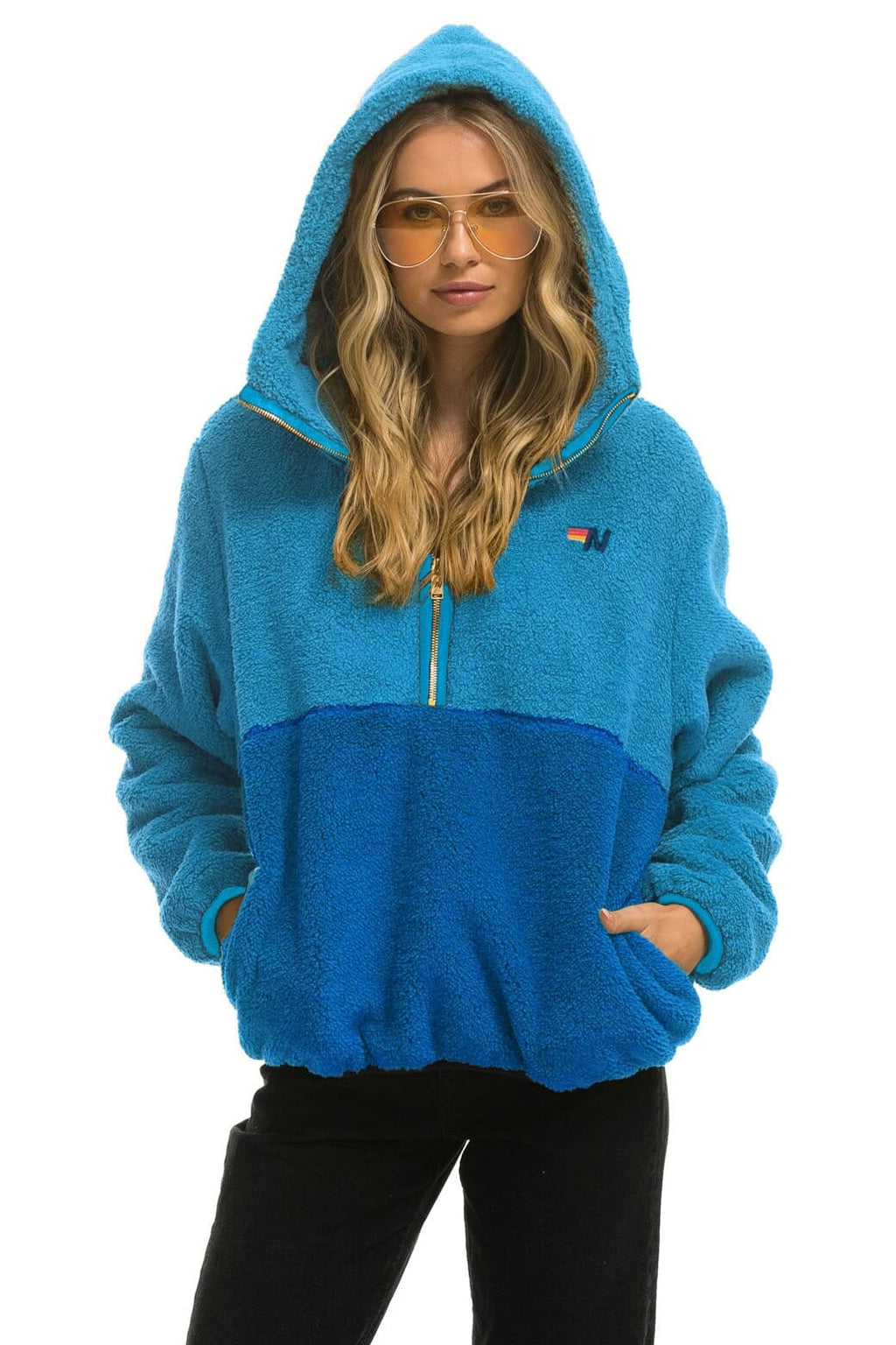 Classic TEDDY UNISEX HOODED HALF ZIP COLOR BLOCK JACKET - OCEAN